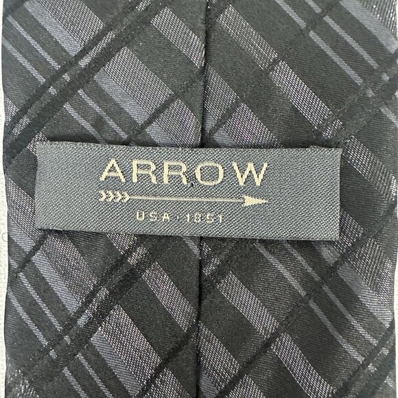 Arrow Black Plaid Men’s Neck Tie Slim Modern Design Silk Nylon Dry Clean Only - Picture 3 of 5
